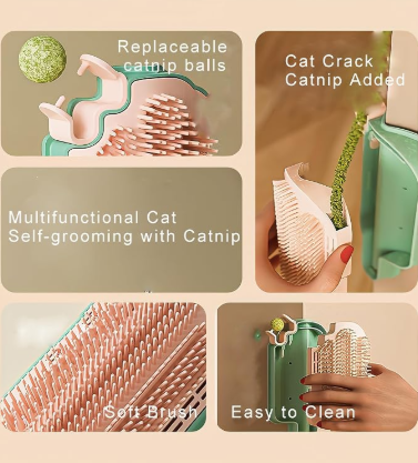Catnip Toys for Indoor Cats 2 Pack, Stick on Wall Cat Brush with Catnip Ball Toys, 2 in 1 Massage & Self Groomer, Corner Brush