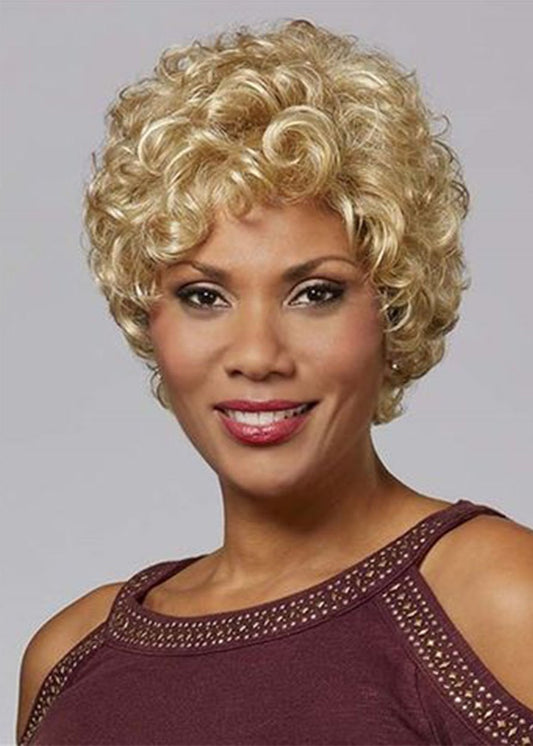 Afroamerikanische Damen-Perücke, kurzes blondes lockiges Haar, synthetisches Haar, kappenlos, 15,2 cm, 120 % Perücken 