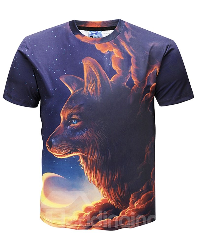 Herren-T-Shirt mit Rundhalsausschnitt, 3D-Grafik, Mond- und Wolfsdruck, kurzärmelig