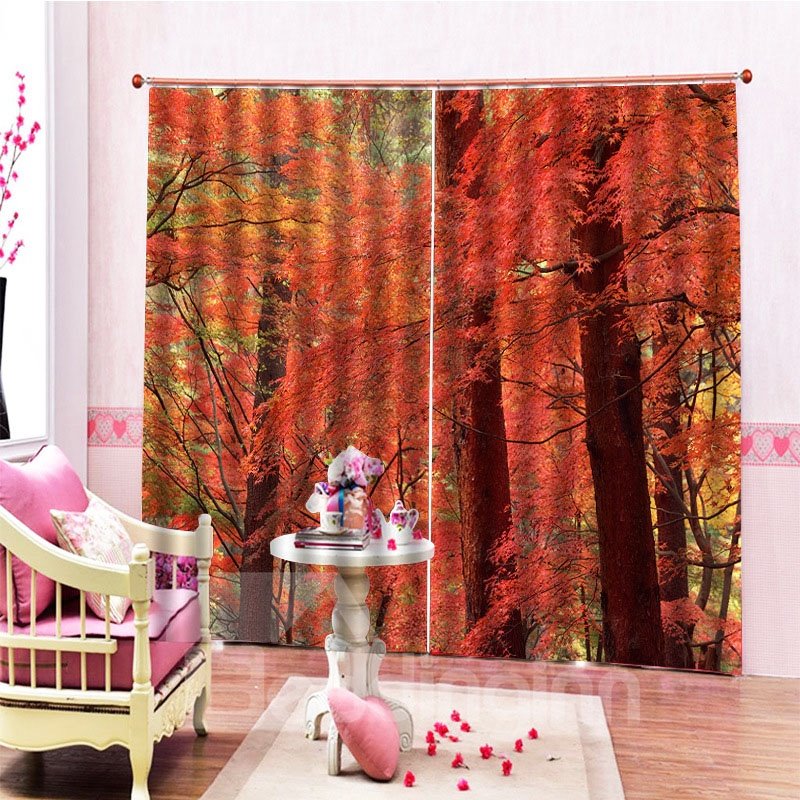 Autumn Season Maple Leaves and Forest Blackout 3D Scenery Curtains