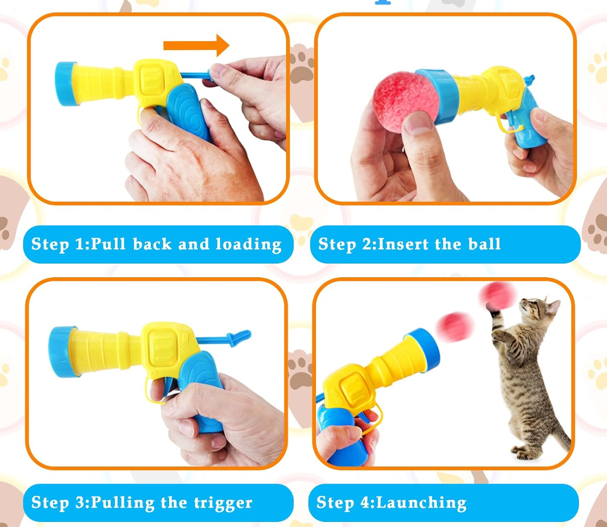 2 Cat Toy Launchers & 100 Cat Pom Pom Balls,Interactive Cat Toys