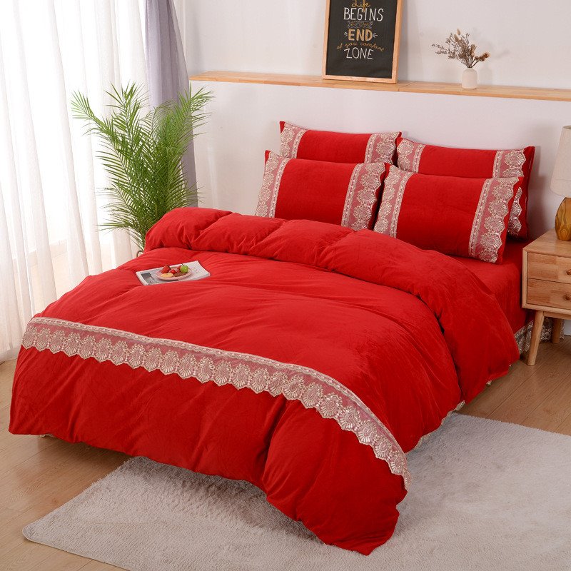 Juego de cama de felpa de 4 piezas de encaje simple de estilo europeo/juego de funda nórdica ropa de cama mullida de color sólido cálido 