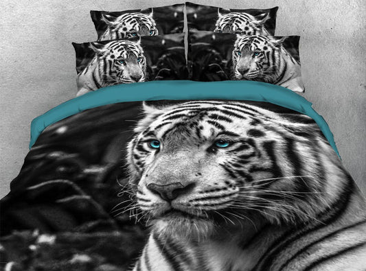 Juego de edredón/juego de cama con estampado de animales de tigre 3D, edredón de plumas blanco cálido, suave y ligero, microfibra agradable para la piel, 5 uds. 