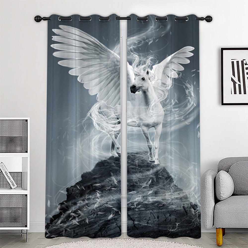 Creative 3D Printed Blackout Curtains White Horse Custom 2 Panels Drapes for Living Room Bedroom Decoration No Pilling No Fading No off-lining Heat insulation Sun Protection Waterproof Polyester