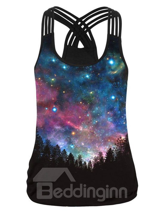 Camiseta sin mangas con cuello redondo y estampado 3D de Galaxy Night Forest Mystery