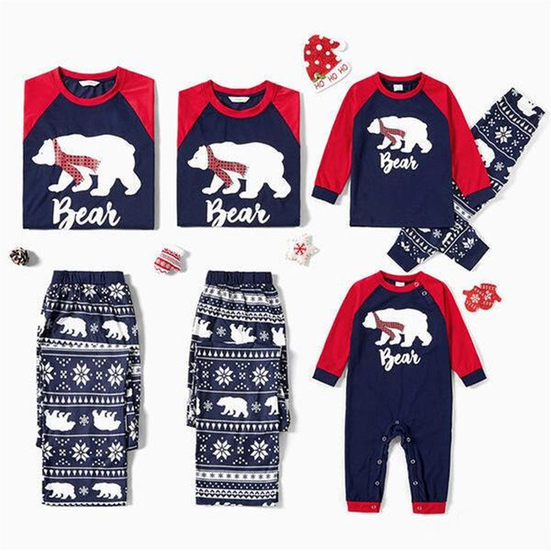 Traje de pijama para padres e hijos con estampado de letras de oso rojo y azul, traje familiar, pantalones superiores de manga larga 