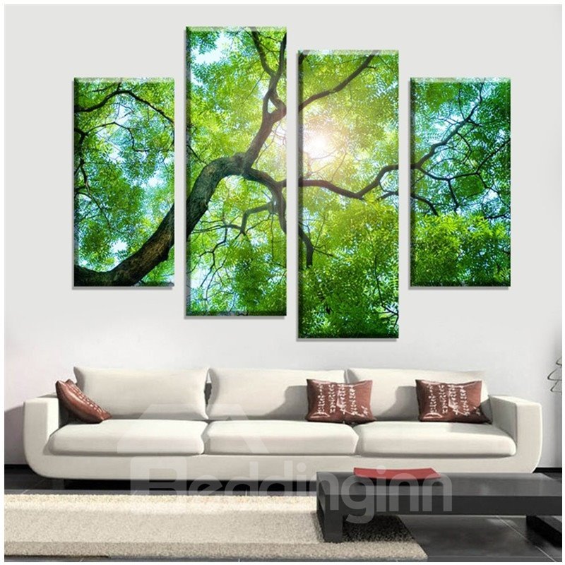 Impresiones de pared sin marco de lienzo de 4 piezas colgantes de bosque verde y sol