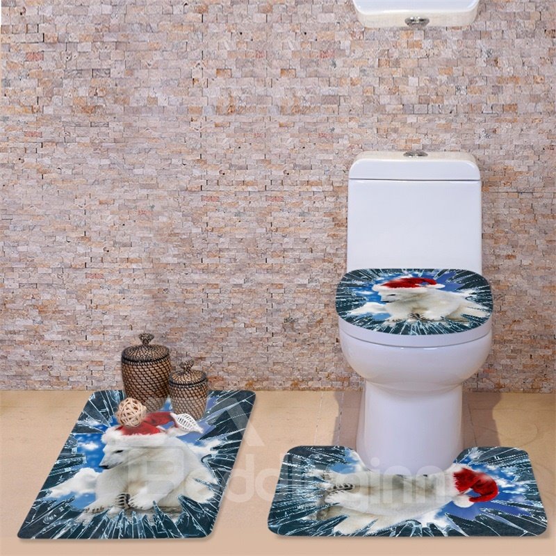 3D Polar Bear Printed Flannel 3-Piece Toilet Seat Cover