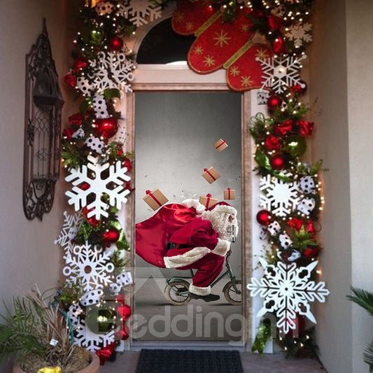 Mural de puerta impermeable ambiental de PVC con padre navideño y regalos en 3D de 30 × 79 pulgadas