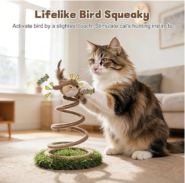 Chirping Bird Cat Toy with Stable Grass Base, Interactive Motion Activated Plush Bird with Realistic Bird Sounds, Spring Feather Teaser Toy for Indoor Cats, Hunting, Exercise & Independent Play
