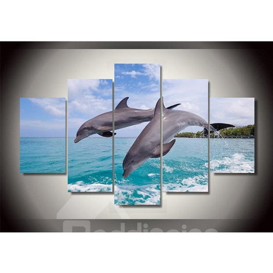 Jumping Dolphins into Sea Hanging 5-Piece Canvas Eco-friendly and Waterproof Non-framed Prints