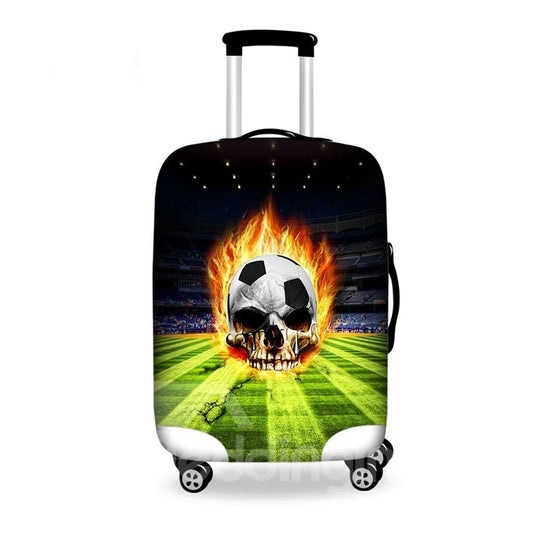 Funda de equipaje pintada 3D con diseño de calavera de fútbol y fuego a la moda 