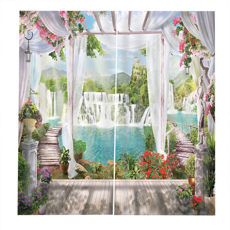 Blackout Creative Window Curtains 3D Scenery Print 260 Gram Weight for Better Shading Effect and Water-Repellent Fabrics Non-PVC