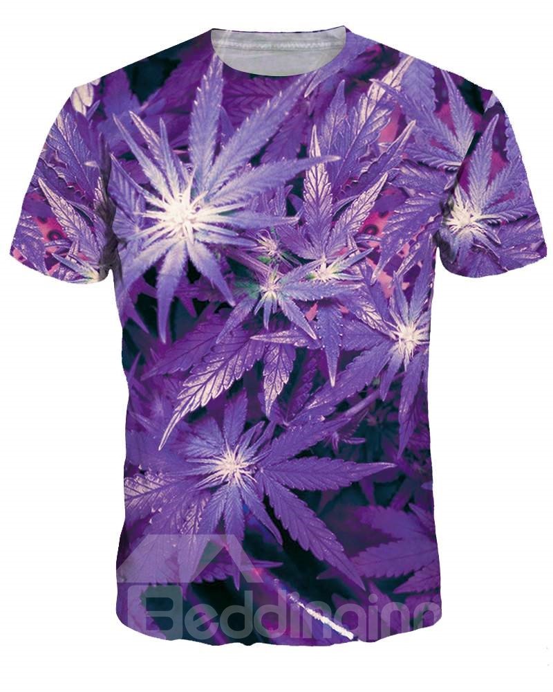 Camiseta unisex con estampado 3D morado y manga corta con cuello redondo y hojas