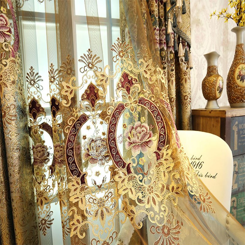 Gorgeous Tulle Luxury Golden Embroidered Sheer Curtain 2 Panels Decorative Drapes