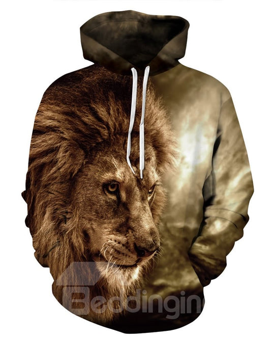 Sudadera con capucha pintada en 3D con estampado de león en el bosque de manga larga