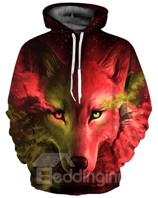 Cool Long Sleeve Red Green Wolf Tear Pattern 3D Painted Hoodies