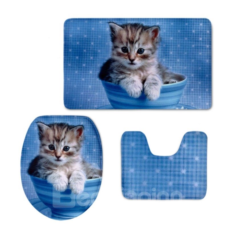 Blue Background Kitten Pattern 3-Piece Flannel PVC Soft Water-Absorption Anti-slid Toilet Seat Covers