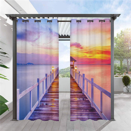 Moderne 3D-gedruckte Outdoor-Vorhänge, schöner Sonnenuntergang, Cabana, Ösenvorhang, wasserdicht, sonnenbeständig, wärmeisolierend, 2 Paneele 