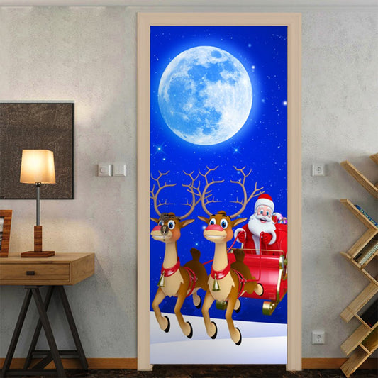 Murales de puerta 3D de Navidad, decoraciones de pared azules de Papá Noel, ciervo, Luna, PVC, no se decolora, cubierta de puerta extraíble impermeable 