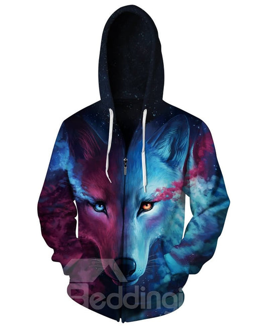 3D Lobo Azul con Patrón de Lágrimas Hombres Suéter Manga Larga Cremallera Cool Sudaderas