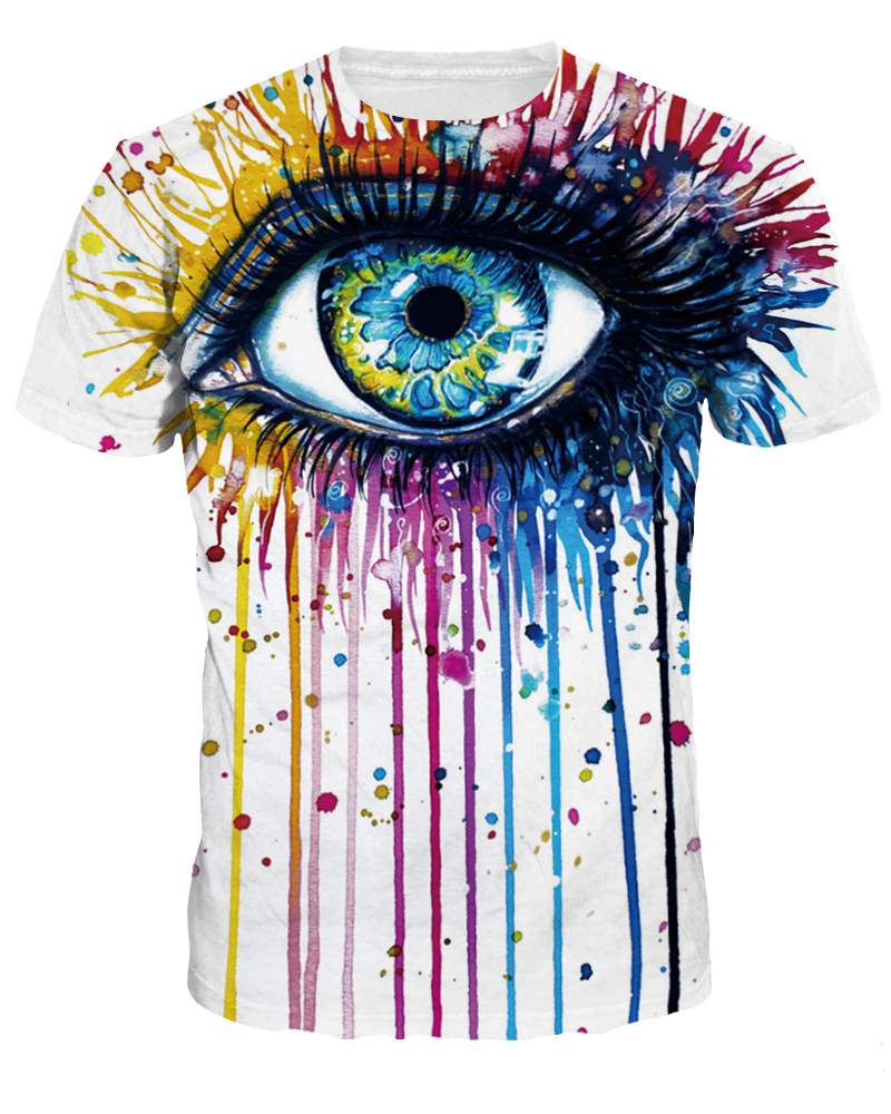 Camiseta pintada en 3D con cuello redondo y estilo de personalidad fresca con patrón de ojos grandes coloridos