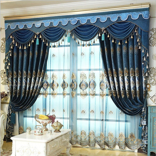 Luxuriöse Stickerei-Vorhänge im europäischen Stil, altes Marineblau, individuelle Verdunkelungsvorhänge mit 2 Bahnen und Schattierungsvorhängen