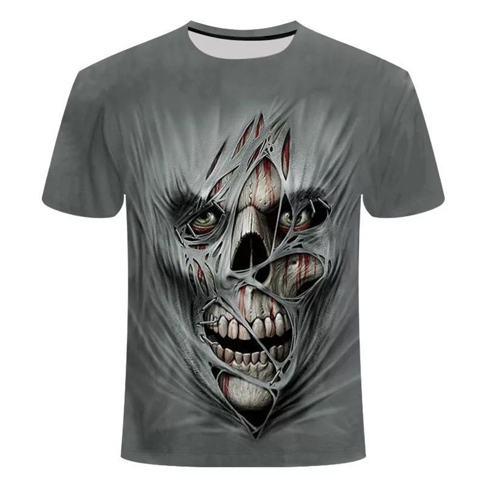 Camiseta gris con estampado 3D de calavera para hombre, traje informal creativo para parejas, camisetas holgadas de manga corta con cuello redondo Unisex 