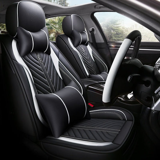 Breathable Wear-resistant PU Leather Wear-resisting Scratch No Peculiar Smell Fresh Breathable Not Stuffy Airbag Compatible 5-seater Universal Fit Seat Covers With Lumbar Pillow*2 Headrest Pillow*2 Steering Wheel Cover*1 Fit for SUV Sedan Truck