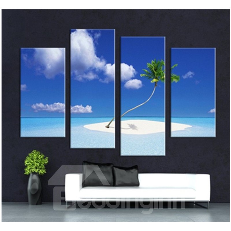 Cielo azul y palmera en la playa, lienzo de 4 piezas colgante, impresiones impermeables sin marco