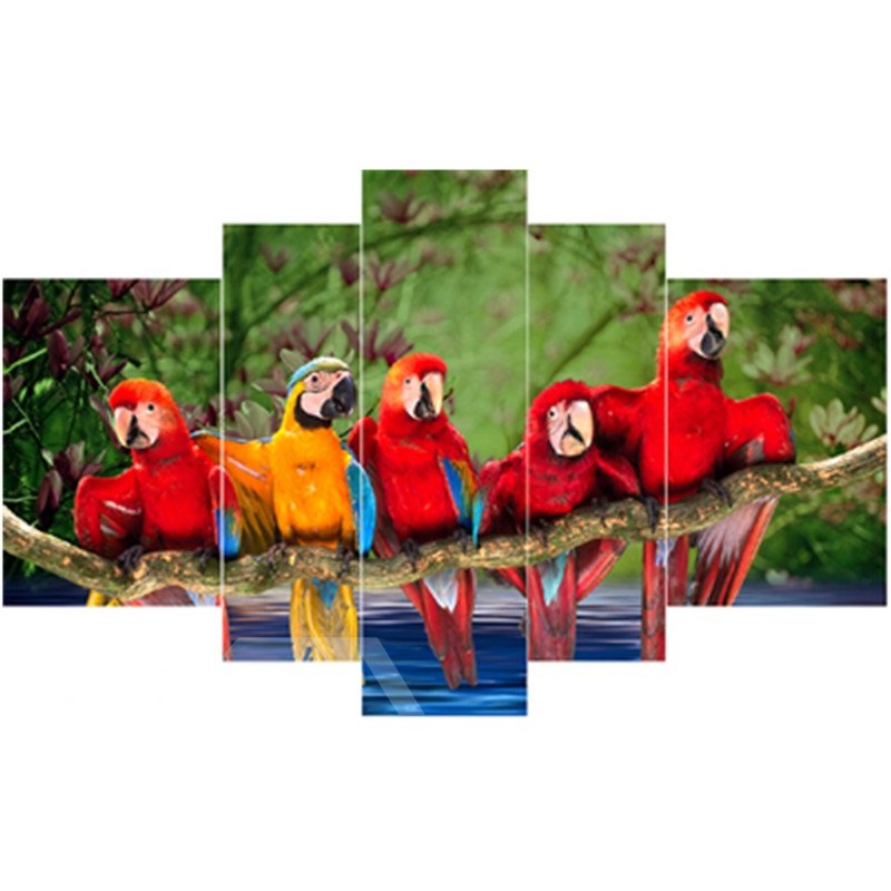 Loros rojos y amarillos en ramas colgando lienzo de 5 piezas impresiones impermeables sin marco