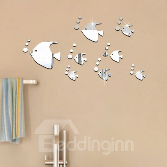 Pegatinas de pared 3D impermeables y ecológicas con espejo acrílico con patrón de peces de burbujas plateadas/doradas