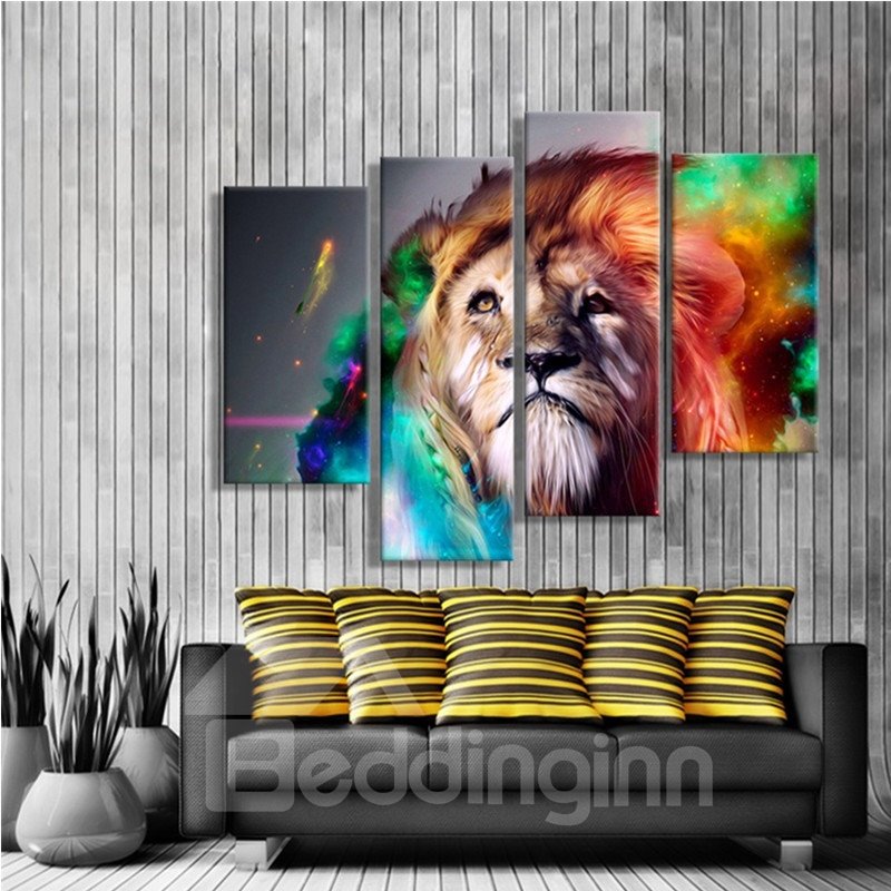 Cabeza de león con cabello colorido, lienzo de 4 piezas colgante, impresiones de pared sin marco
