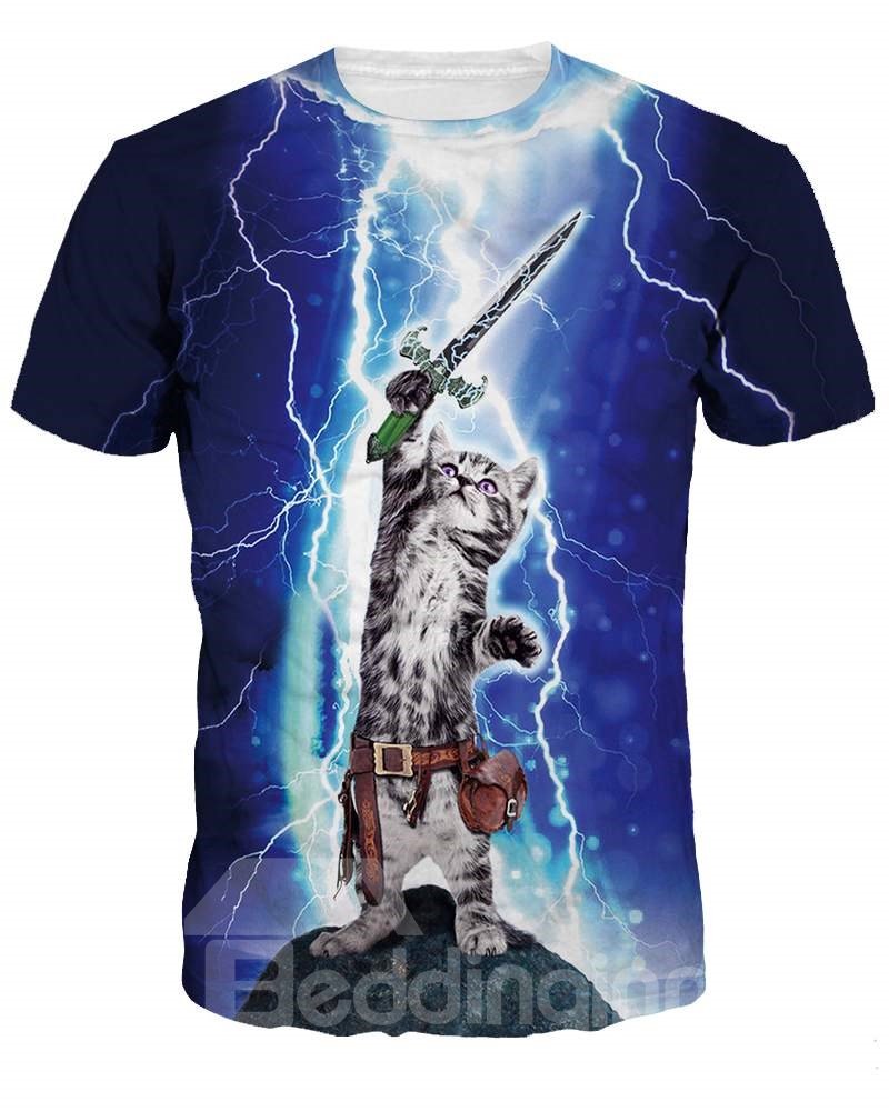 Camiseta unisex de manga corta con estampado 3D de espada ondulada de gato