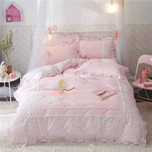 4 PCS Duvet Cover Set Pink Cartoon Cotton Bedding Set Gifts for Girls Bedroom