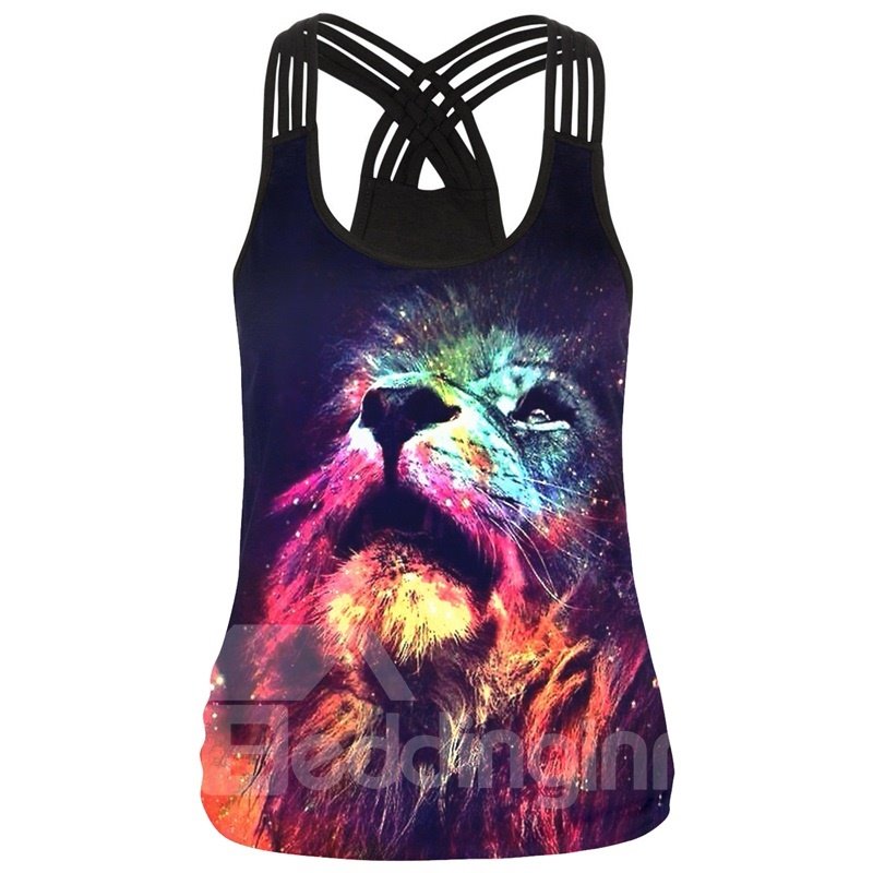 3D Painting Color Lion Face Pattern Round Neck Sleeveless Tank Top