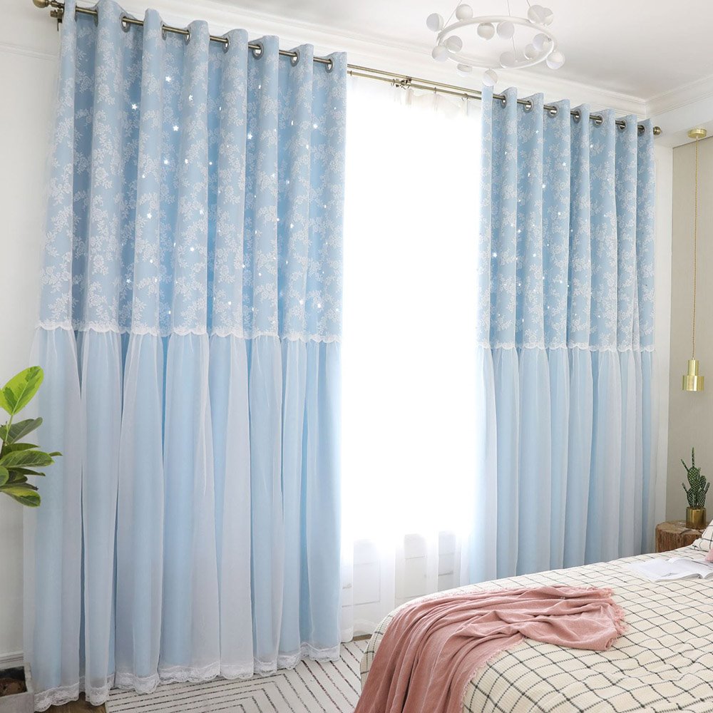 Romantic Star Hollowed-out Blackout Decorative Curtain Sets with Lace Custom 2 Panels Drapes No Pilling No Fading No off-lining