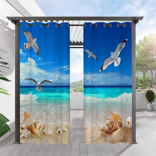 Cortinas modernas impresas en 3D para exteriores, paisaje marino, concha de gaviota, cabaña, cortina superior con ojales, impermeable, a prueba de sol, aislamiento térmico, 2 paneles 