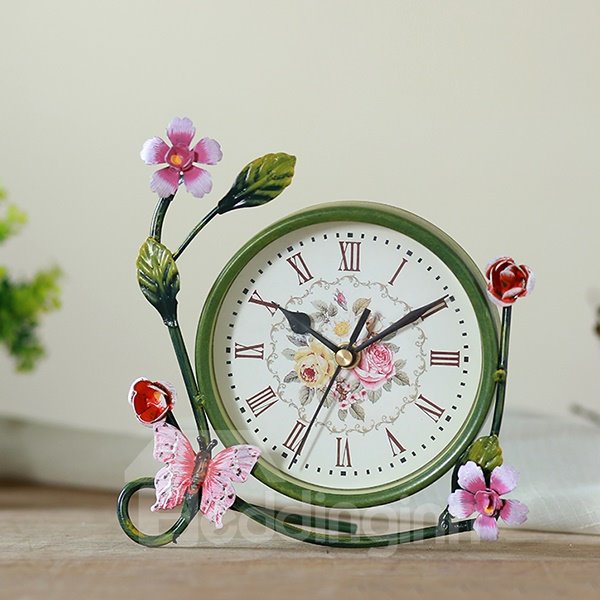 Reloj de escritorio decorativo con flores pastorales de estilo europeo