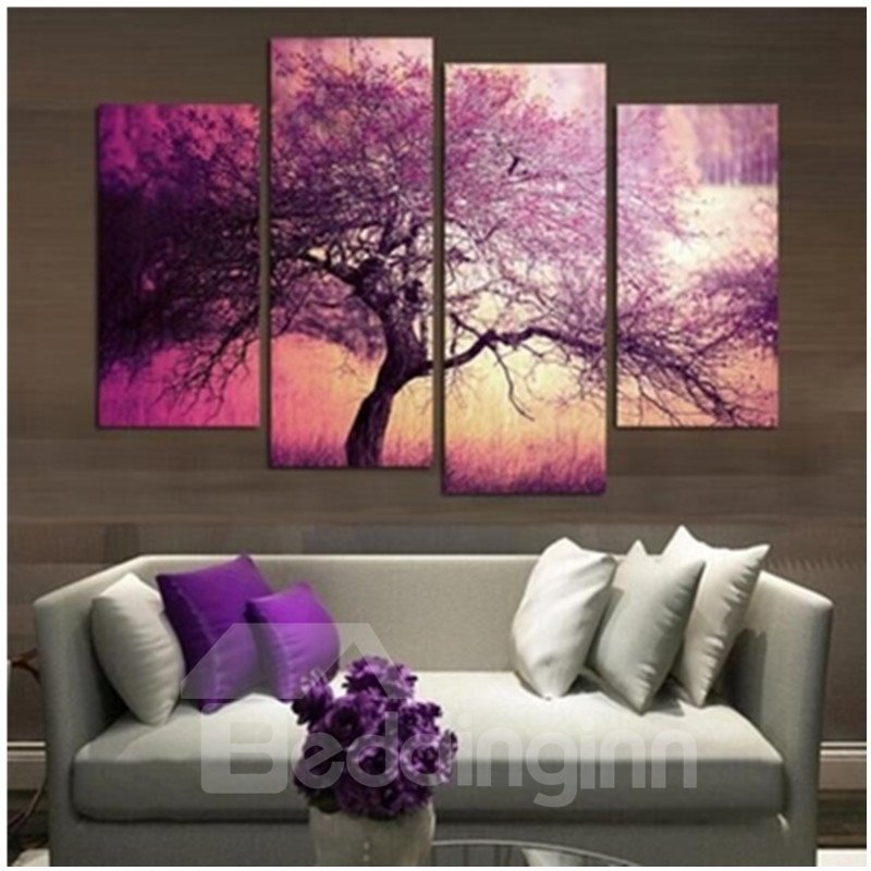 4-teiliger, auf Leinwand aufgehängter, ungerahmter Wanddruck mit violettem Baum und Sonnenaufgang