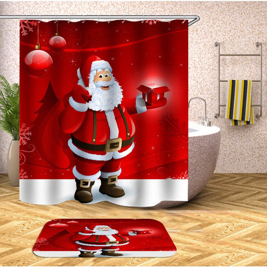 Christmas Red 3D Curtains Santa Claus and Gifts Bathroom Partition Curtain Durable Waterproof Mildew Proof Polyester