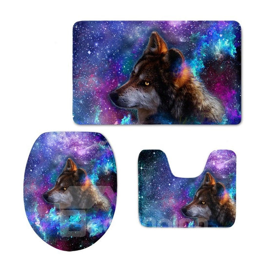 Fundas de asiento de inodoro antideslizantes de absorción de agua suave de PVC de franela de 3 piezas con patrón de lobo galaxia