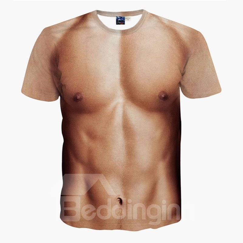 Camiseta divertida pintada en 3D con cuello redondo de spandex con personalidad y patrón de hombres musculosos