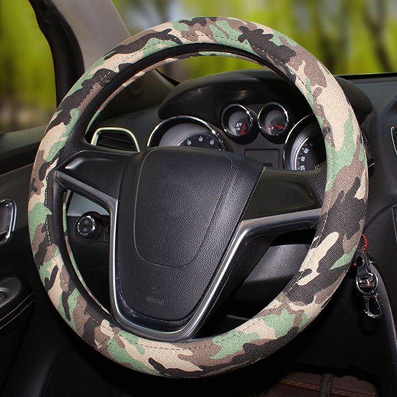 Lenkungsbezüge Hot Style Camo Leinen Auto-Lenkradbezug für Four Seasons Old Denim Autogriffabdeckung Atmungsaktiv Saugfähig Rutschfest Geruchlos Hautfreundlich Stilvoll Komfortabel 