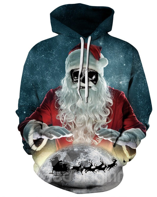 Sudadera con capucha pintada en 3D con estampado de Papá Noel y calavera navideña de manga larga