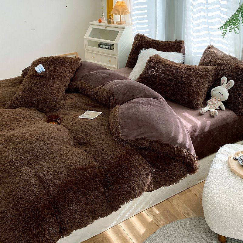 4-teiliges Shaggy Nerz-Samt-Plüsch-Bettwäsche-Set/Bettbezug-Set, dicke, flauschige Bettwäsche, hält warm, volles Queen-Size-Format, einfarbig 