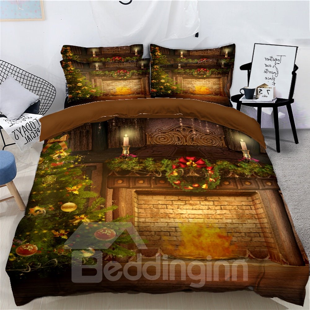 Christmas Tree with Decorations and Stove Printed 3D 4-Piece Bedding Sets Duvet Covers Colorfast Wear-resistant Endurable Skin-friendly All-Season Ultra-soft Microfiber No-fading