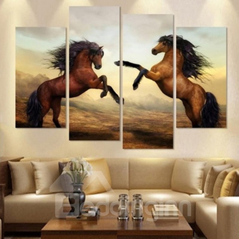 4-teilige, ungerahmte Wanddrucke auf Leinwand mit braunen Pferden zum Aufhängen