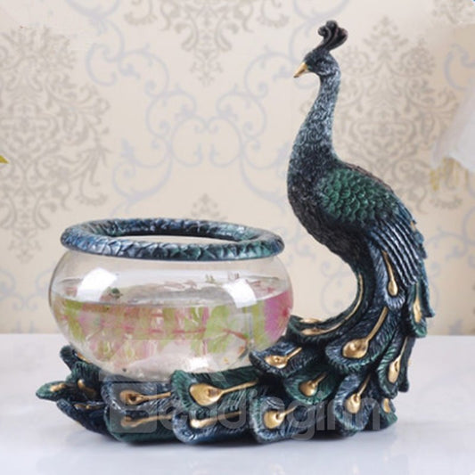 Dark Blue Resin and Glasses Peacock Shape Fish Bowl Desktop Decoration