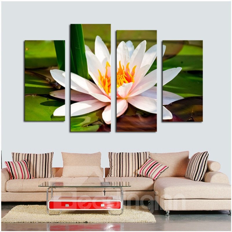 Weißer Lotus liegt auf Blättern und hängt 4-teilige, wasserfeste Leinwanddrucke ohne Rahmen